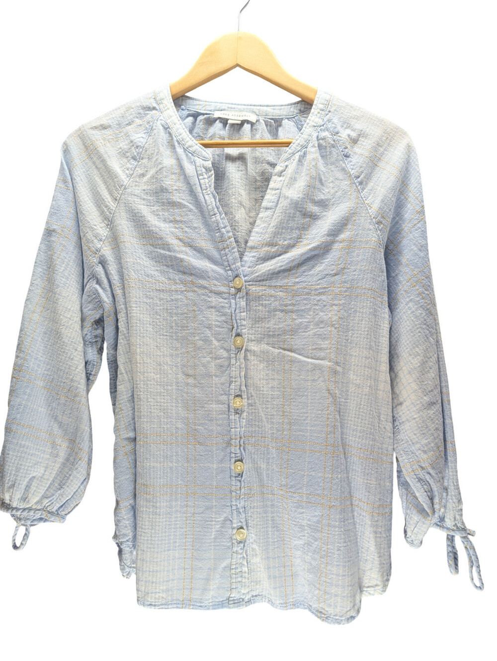 Free Assembly Blouse L Button Front Plaid 3/4 Sleeve Blue